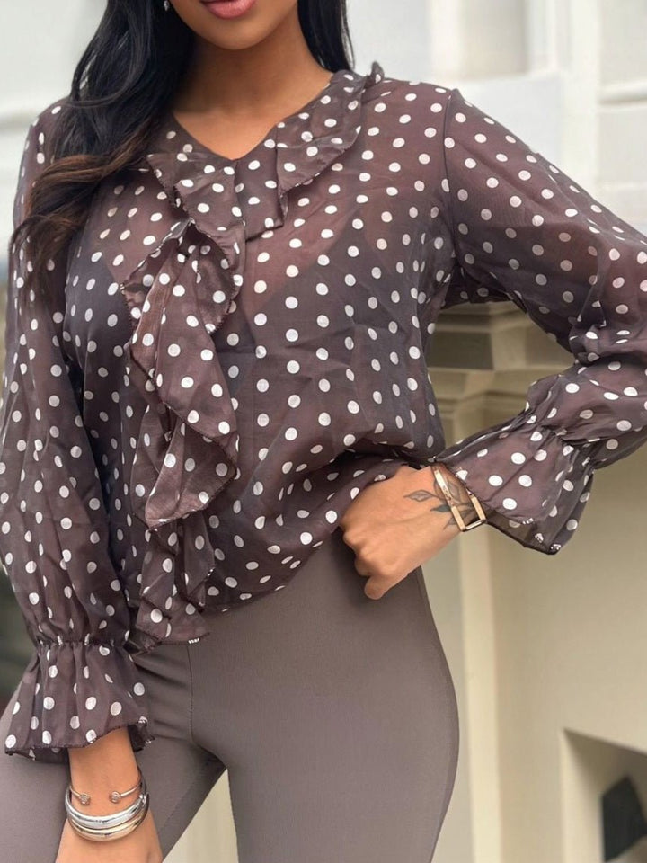 Maglia a pois con scollo a V con volant Marrone Level Stores