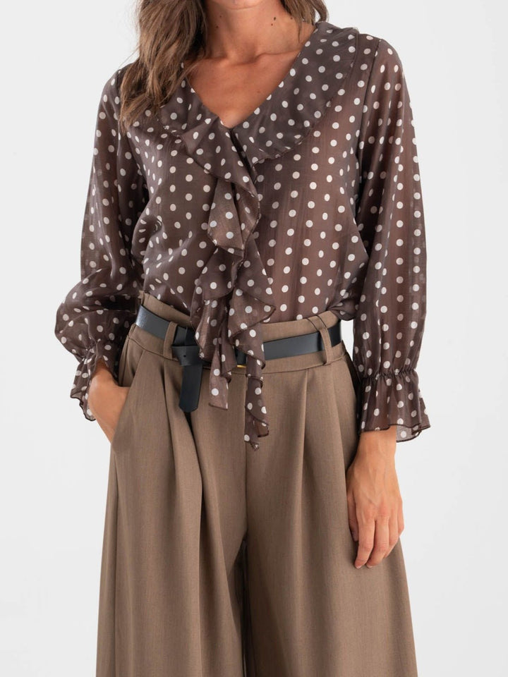 Maglia a pois con scollo a V con volant Marrone Level Stores
