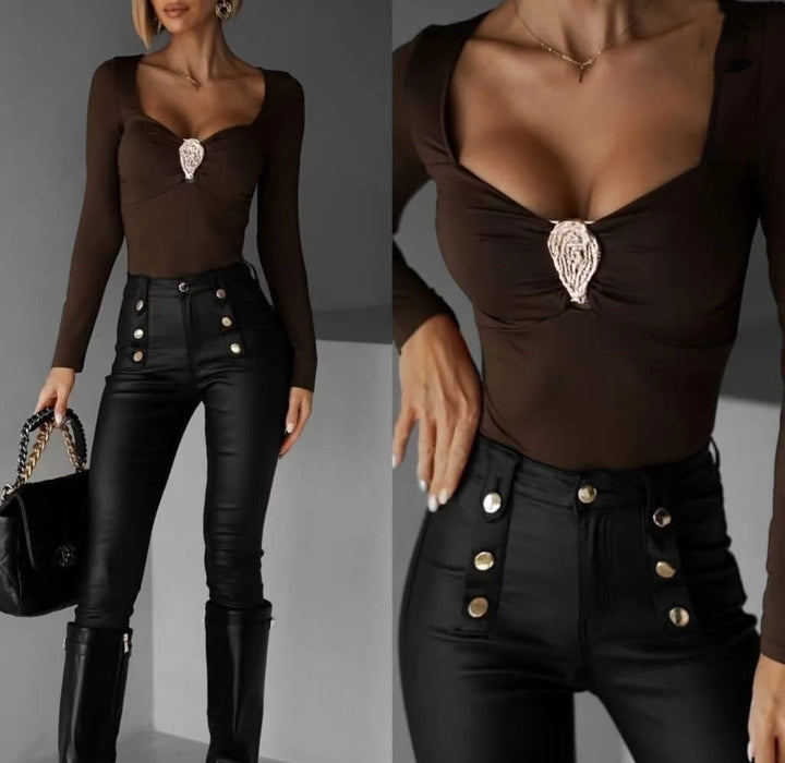 Maglia con manica lunga scollo a cuore elasticizzato Marrone Level Stores