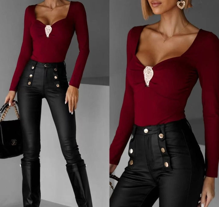 Maglia con manica lunga scollo a cuore elasticizzato Marrone Level Stores