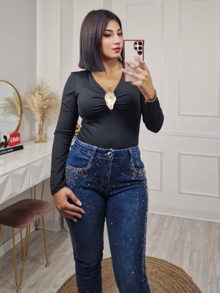 Maglia con manica lunga scollo a cuore elasticizzato Nero Level Stores