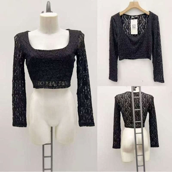 Maglia corto in pizzo scollo quadrato manica lunga aderente elasticizzato Nero Level Stores