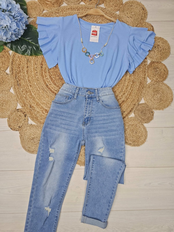 Maglia di cotone manica corta con balza e volant Elasticizzato tinta unita inclusa la collana - Celeste - Level Stores