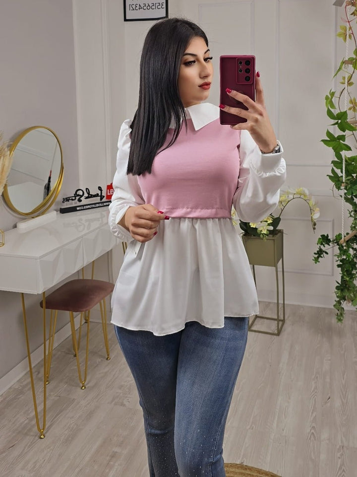 Maglia due in uno effetto modello camicia Casual Manica lunga a sbuffo - Rosa - Level Stores