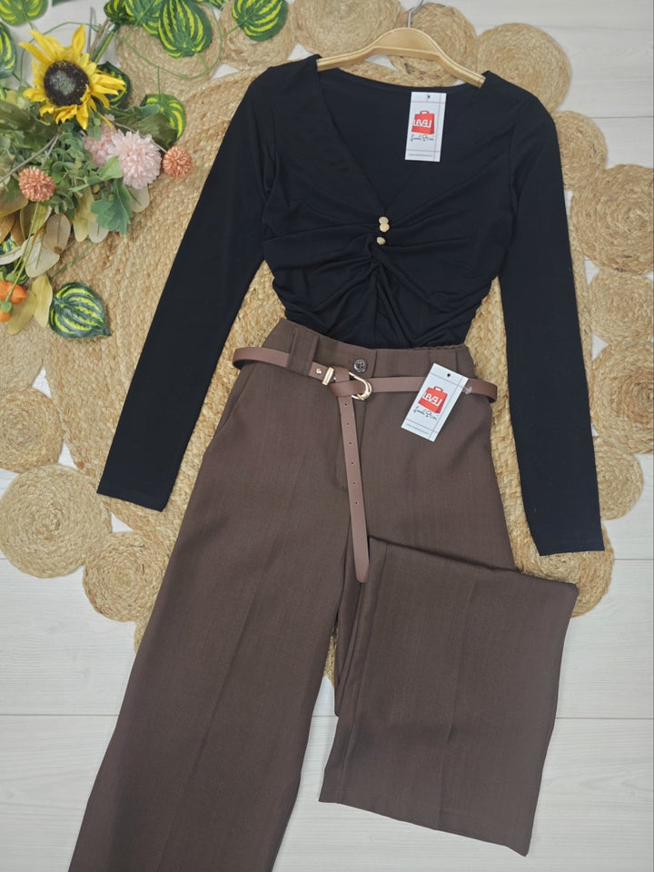 Maglia elasticizzato scollo a v con bottoni con maniche lunghe Bordo Level Stores