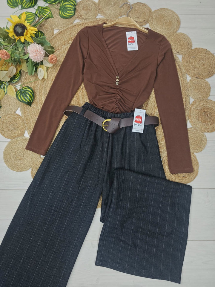 Maglia elasticizzato scollo a v con bottoni con maniche lunghe Bordo Level Stores