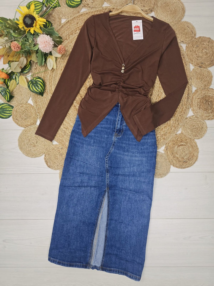 Maglia elasticizzato scollo a v con bottoni con maniche lunghe Marrone Level Stores