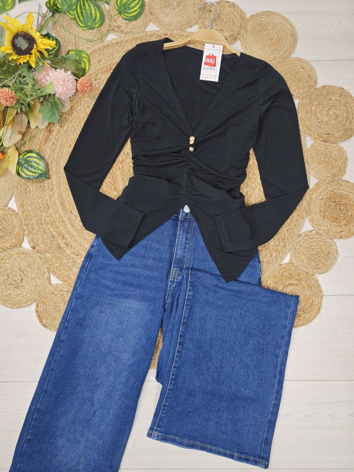 Maglia elasticizzato scollo a v con bottoni con maniche lunghe Nero Level Stores