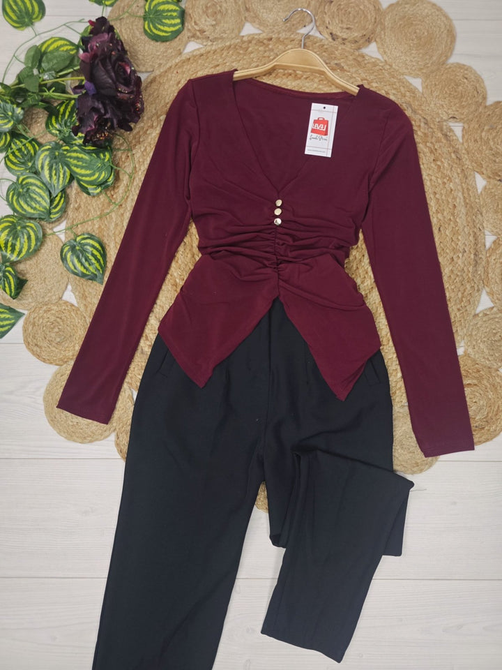 Maglia elasticizzato scollo a v con bottoni con maniche lunghe Bordo Level Stores