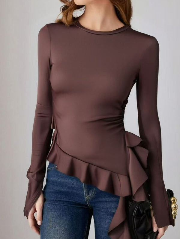 Maglia girocollo aderente con maniche lunghe con volant Marrone Level Stores