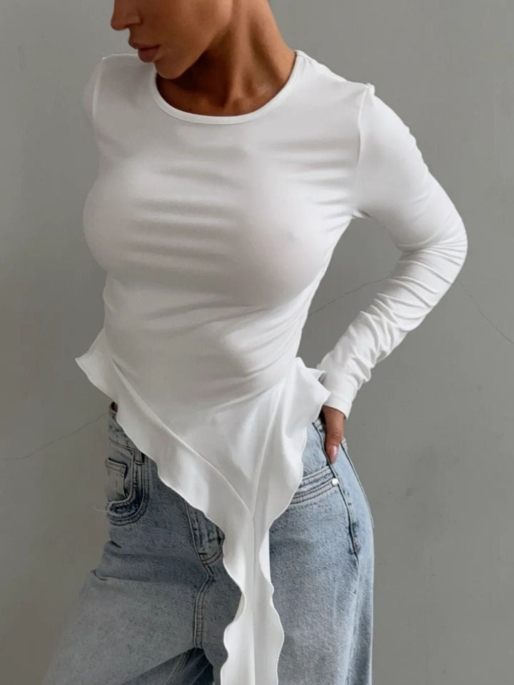 Maglia girocollo aderente con maniche lunghe con volant Bianco Level Stores