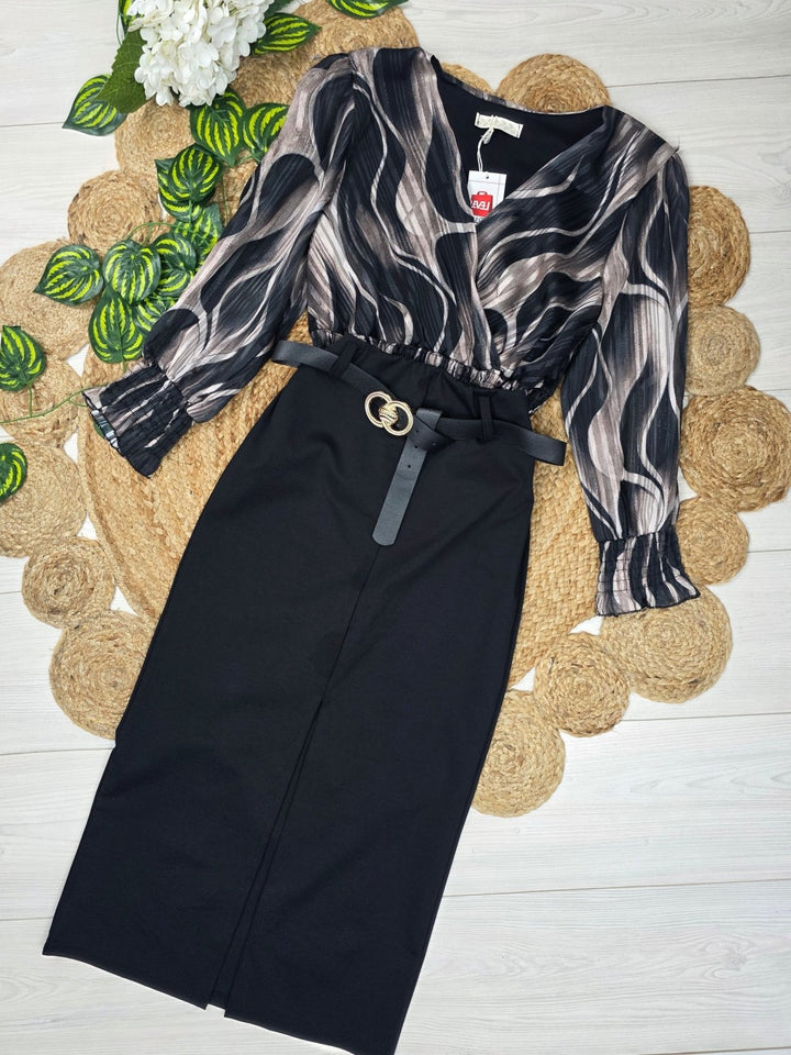 Maglia in chiffon con fantasia astratta con scollo a V elastico in vita i maniche lunghe a palloncino Nero Level Stores