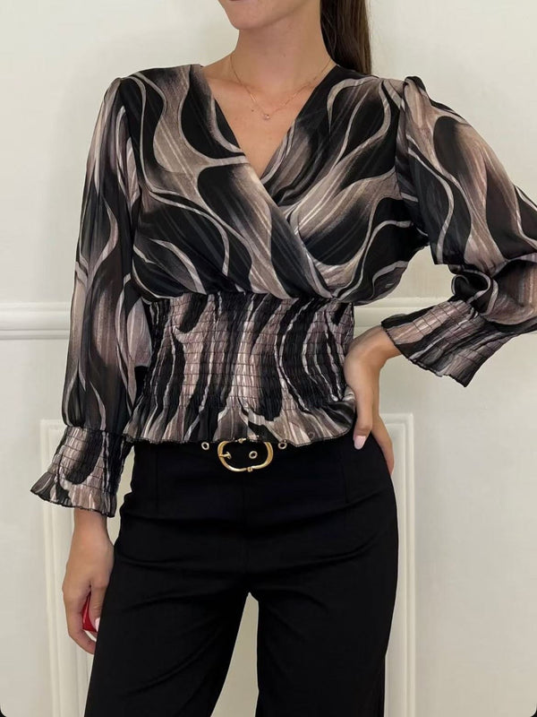 Maglia in chiffon con fantasia astratta con scollo a V elastico in vita i maniche lunghe a palloncino Nero Level Stores
