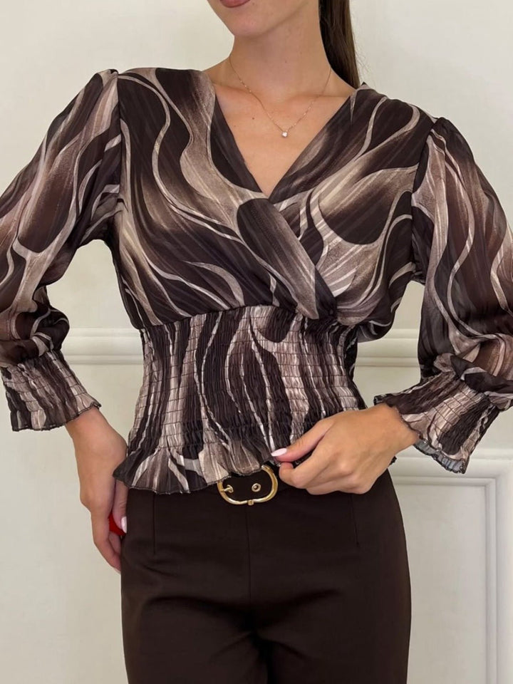 Maglia in chiffon con fantasia astratta con scollo a V elastico in vita i maniche lunghe a palloncino Marrone Level Stores