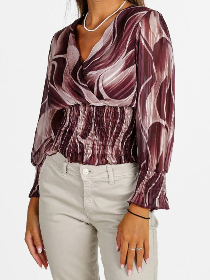 Maglia in chiffon con fantasia astratta con scollo a V elastico in vita i maniche lunghe a palloncino Bordo Level Stores