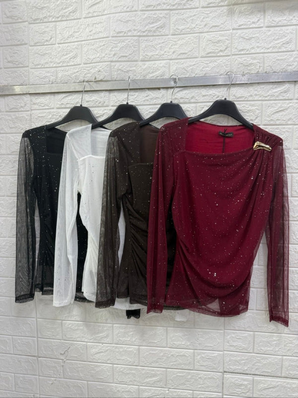 Maglia in chiffon in lurex a manica lunga elagante Nero Level Stores