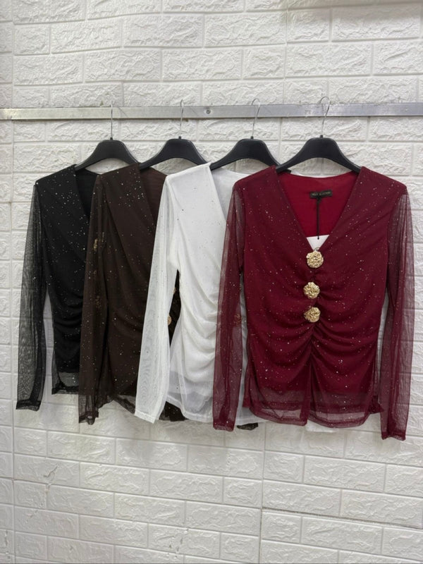 Maglia in chiffon in lurex a manica lunga scollo a v con bottoni elagante Nero Level Stores