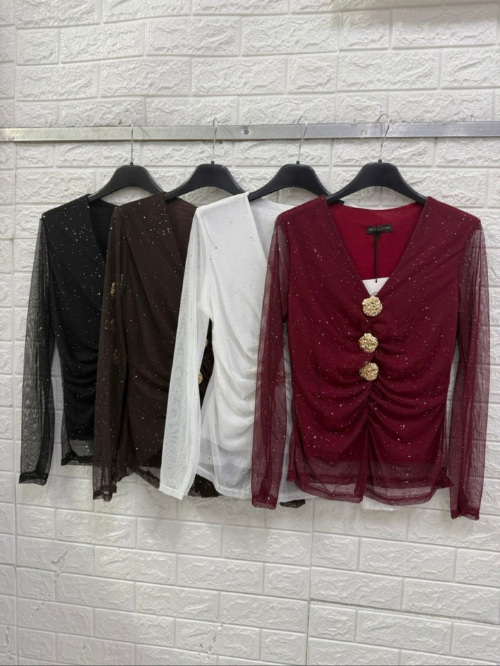 Maglia in chiffon in lurex a manica lunga scollo a v con bottoni elagante Nero Level Stores