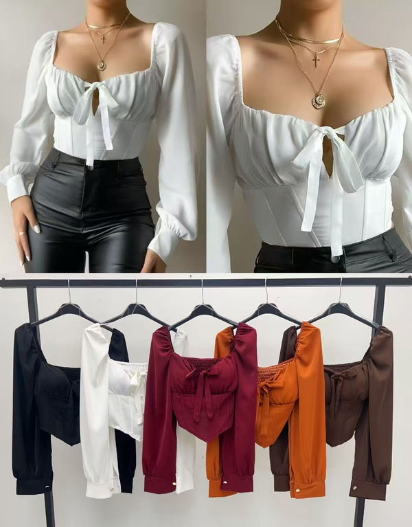 Maglia in chiffon scollo a cuore con coppe preformate con lacci regolabili manica lunga a palloncino elastico sul retro Nero Level Stores