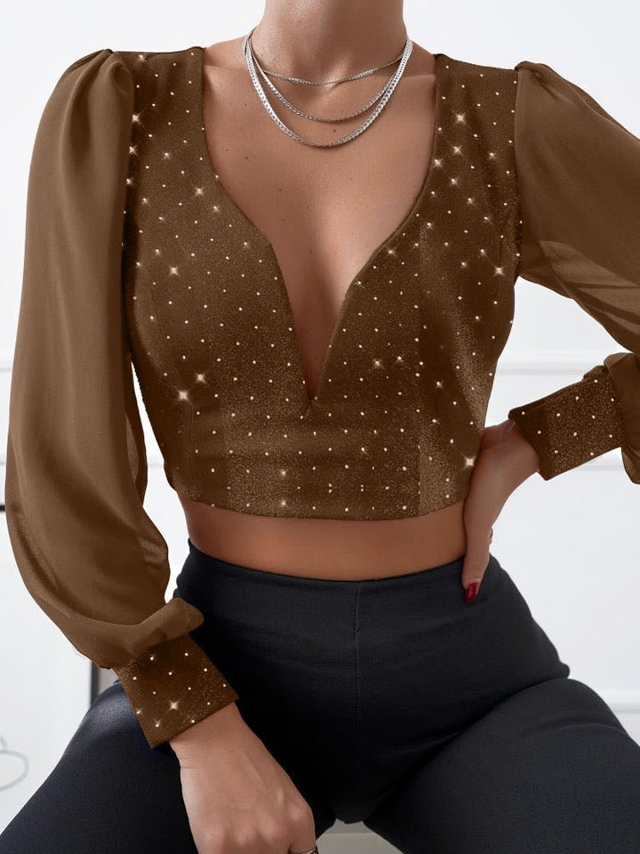 Maglia in chiffon scollo a cuore con coppe strass manica lunga a palloncino - Marrone - Level Stores