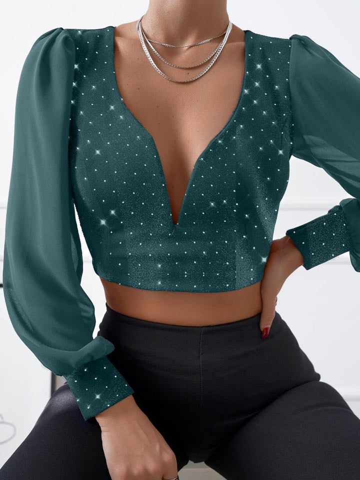 Maglia in chiffon scollo a cuore con coppe strass manica lunga a palloncino - Verde - Level Stores