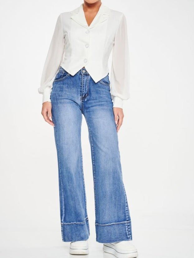 Maglia in chiffon scollo a V e bottoni manica lunga a palloncino BIanco Level Stores