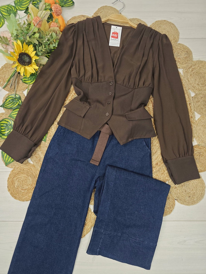 Maglia in chiffon scollo a V e bottoni manica lunga a palloncino Marrone Level Stores