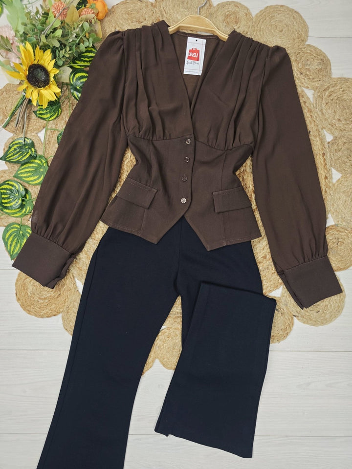 Maglia in chiffon scollo a V e bottoni manica lunga a palloncino Bordo Level Stores