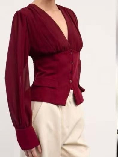 Maglia in chiffon scollo a V e bottoni manica lunga a palloncino Bordo Level Stores