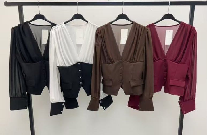 Maglia in chiffon scollo a V e bottoni manica lunga a palloncino Marrone Level Stores