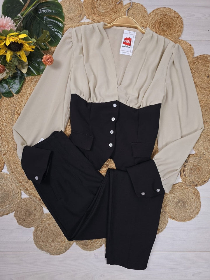 Maglia in chiffon scollo a V e bottoni manica lunga a palloncino - Nero/Beige - Level Stores