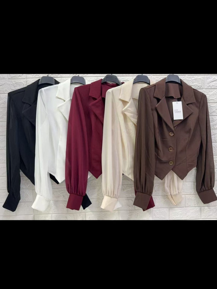 Maglia in chiffon scollo a V e bottoni manica lunga a palloncino Nero Level Stores