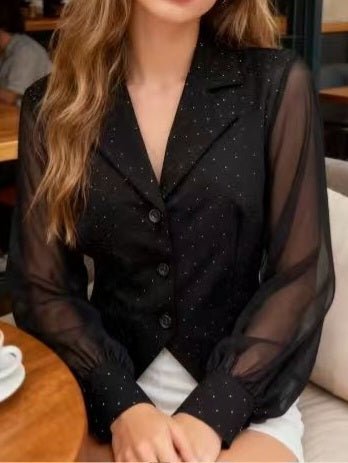 Maglia in chiffon strass con scollo a V e chiusura a bottoni Nero Level Stores