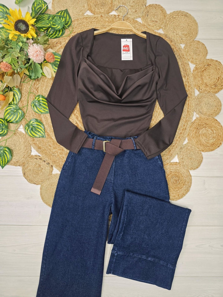 Maglia in lycra con coppe preformate manica lunga aderente elasticizzato Marrone Level Stores