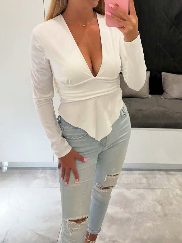 Maglia in lycra scollo a v manica lunga aderente elasticizzato Bianco Level Stores