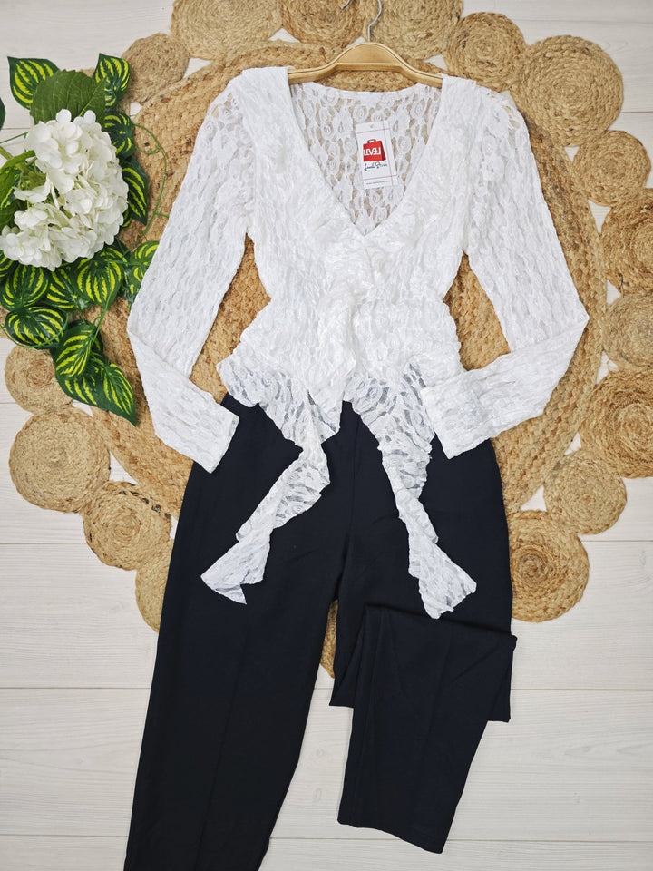 maglia in pizzo collo a v con manica lunga aderente elasticizzato Bianco Level Stores