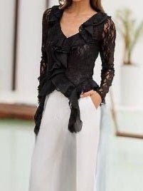 maglia in pizzo collo a v con manica lunga aderente elasticizzato Nero Level Stores