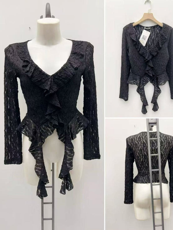maglia in pizzo collo a v con manica lunga aderente elasticizzato Nero Level Stores