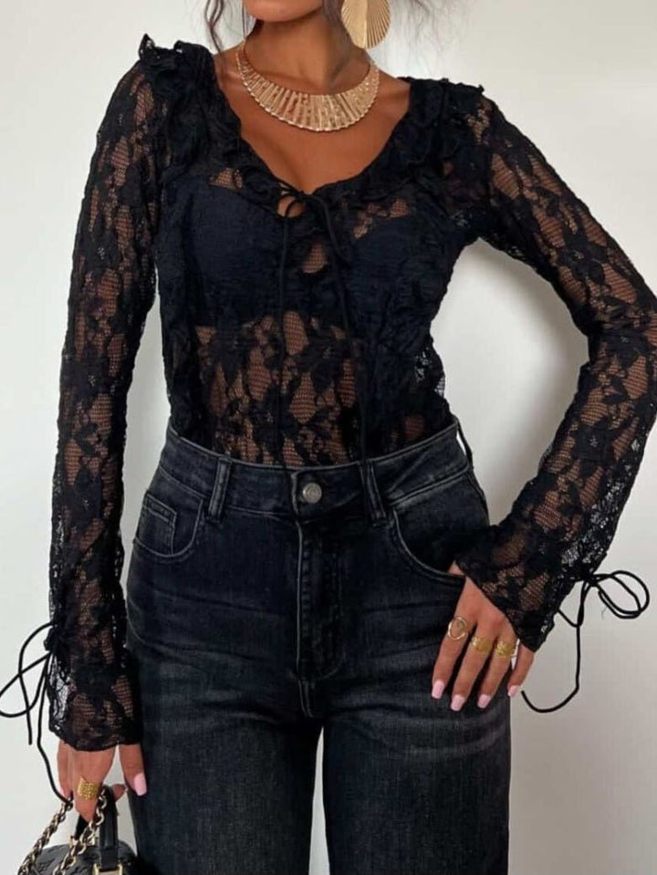 maglia in pizzo scollo a v con manica lunga aderente elasticizzato con volant con lacci regolabile Nero Level Stores