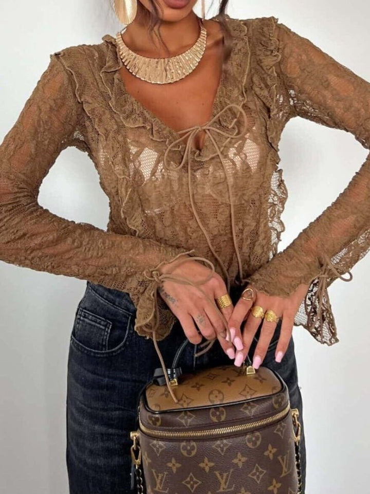 maglia in pizzo scollo a v con manica lunga aderente elasticizzato con volant con lacci regolabile Marrone Level Stores
