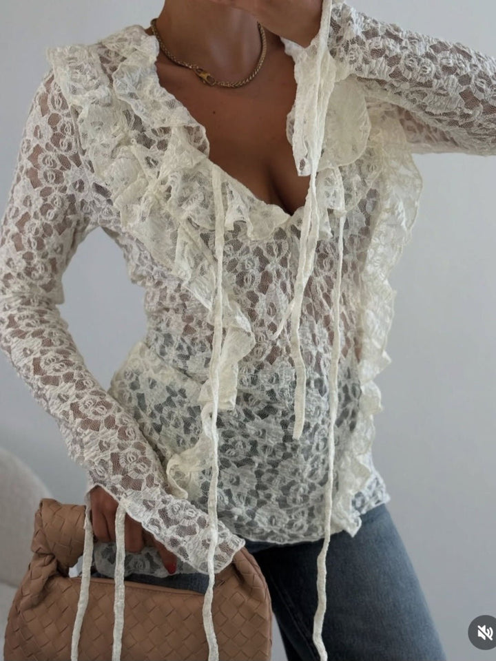maglia in pizzo scollo a v con manica lunga aderente elasticizzato con volant con lacci regolabile Bianco Level Stores