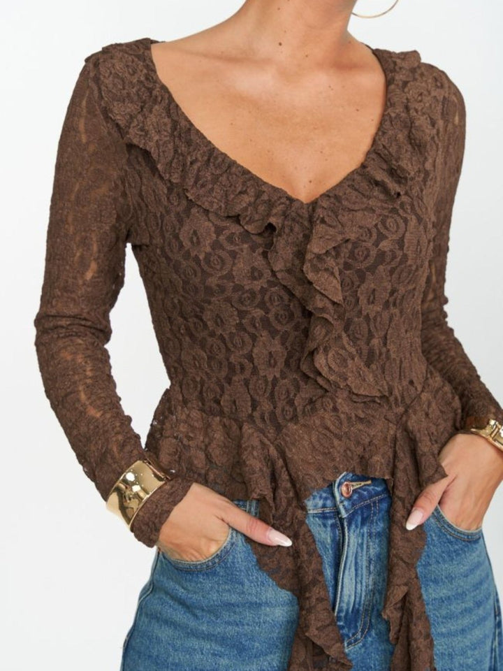 maglia in pizzo scollo a v con manica lunga aderente elasticizzato Marrone Level Stores