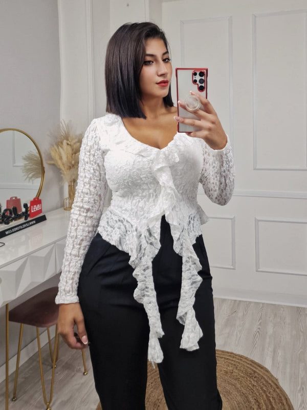 maglia in pizzo scollo a v con manica lunga aderente elasticizzato Bianco Level Stores