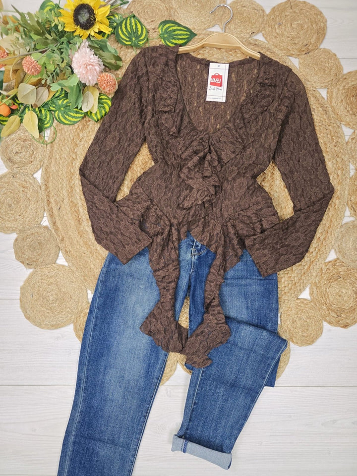 maglia in pizzo scollo a v con manica lunga aderente elasticizzato Bordo Level Stores