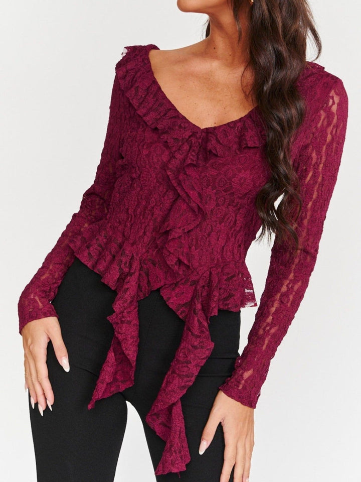 maglia in pizzo scollo a v con manica lunga aderente elasticizzato Bordo Level Stores