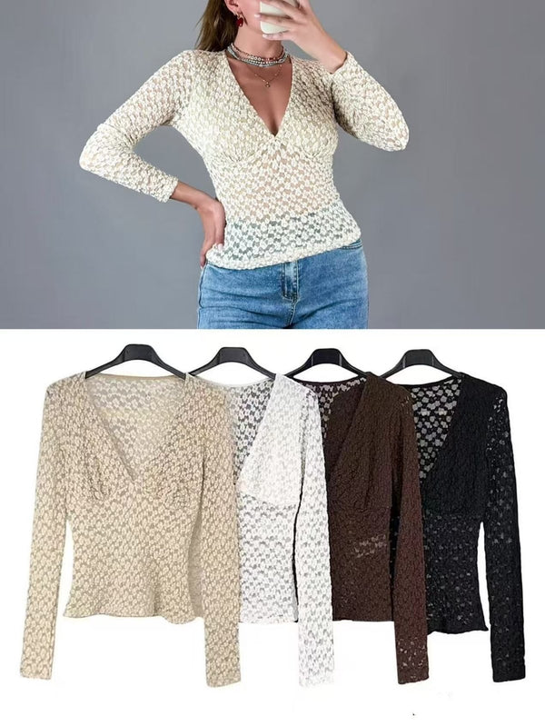 Maglia in pizzo scollo a v manica lunga aderente elasticizzato Nero Level Stores