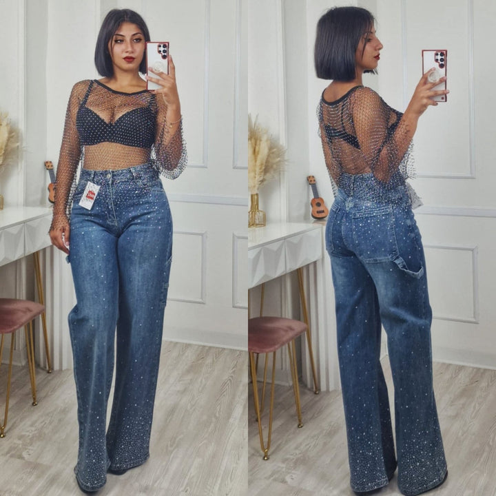 Maglia in rete strass trasparente Manica lunga larga Sexy festivo club Nero Level Stores