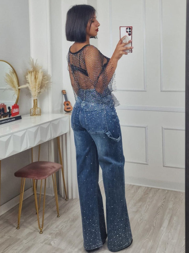 Maglia in rete strass trasparente Manica lunga larga Sexy festivo club Nero Level Stores