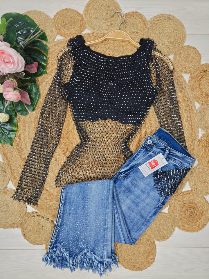 Maglia in rete strass trasparente Manica lunga larga Sexy festivo club - Nero - Level Stores