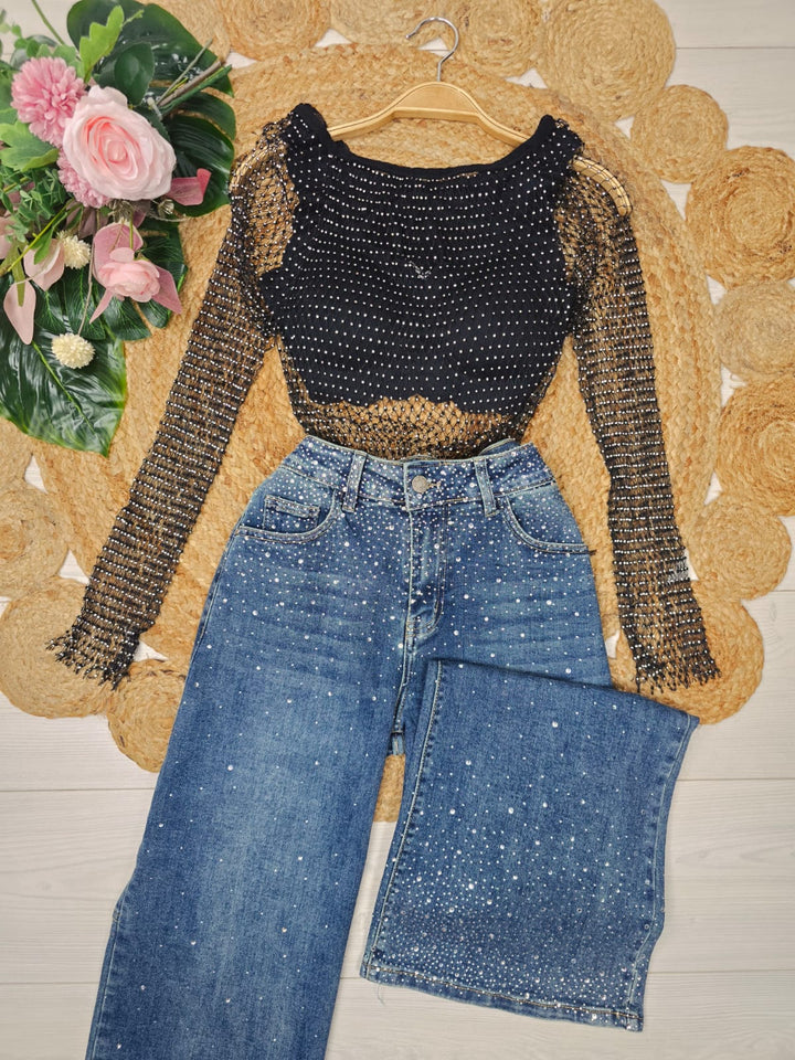 Maglia in rete strass trasparente Manica lunga larga Sexy festivo club - Nero - Level Stores
